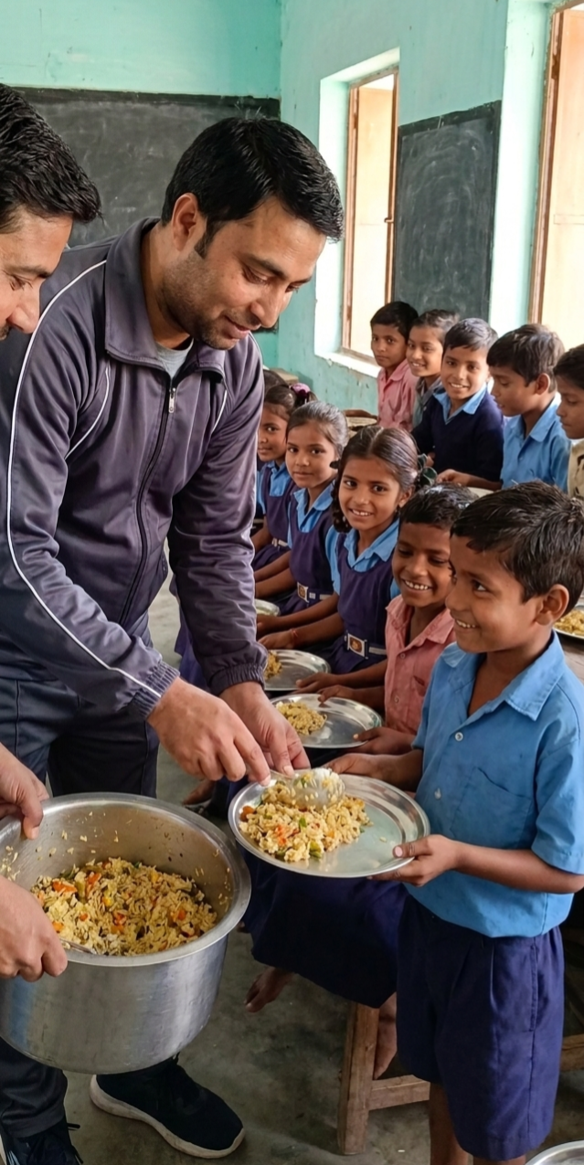 युवा मैत्री फाउंडेशन द्वारा निदेशक असफाक अंसारी जी प्राइमरी स्कूल के बच्चों को भोजन वितरण करते हुए